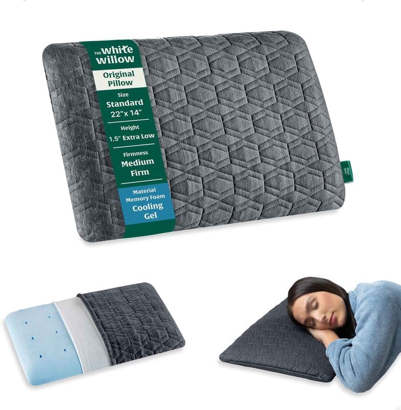 The White Willow Ultra Thin Pillow for Sleeping-Ultra Slim Memory Foam Cool Gel-Slim Support for Neck & Shoulder Pain-Flat Design-Orthopedic Cervical Pillow for Neck Support-Standard-1.5" H-Grey