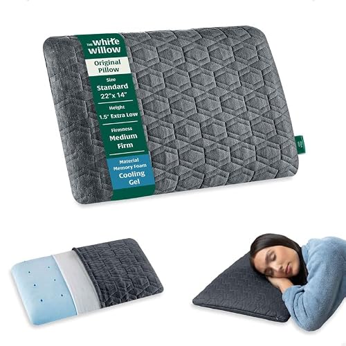 The White Willow Ultra Thin Pillow for Sleeping-Ultra Slim Memory Foam Cool Gel-Slim Support for Neck & Shoulder Pain-Flat Design-Orthopedic Cervical Pillow for Neck Support-Standard-1.5" H-Grey