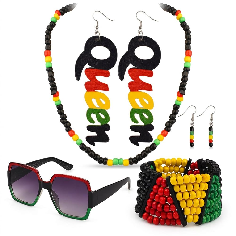 lunictto 7Pcs Reggae Costume Accessories Set for Women, Jamaican Rasta Party Fancy Dress, Cosplay & Halloween