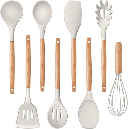 P&P CHEF Juego de utensilios de cocina de silicona, utensilios de cocina de 8 piezas con mango de madera, espátula de silicona para utensilios de
