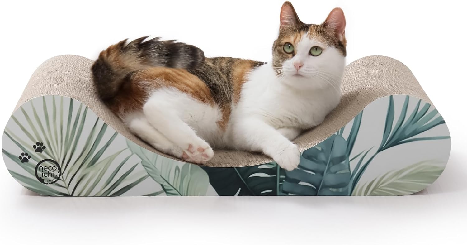 Necoichi Cardboard Cat Scratcher Bed for Indoor Cats - Cat Scratching Board, Horizontal Cat Scratch Pad Lounger with Reversible Usability and Extra Comfort for Lounge, Curved (23" Large, Oak)