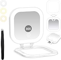 GOMIPURU 30x/1x Magnifying Travel Mirror with Lights: Compact Rechargeable Pocket Mirror, 3 Color Modes, Adjustable Brightness, Includes Tweezer