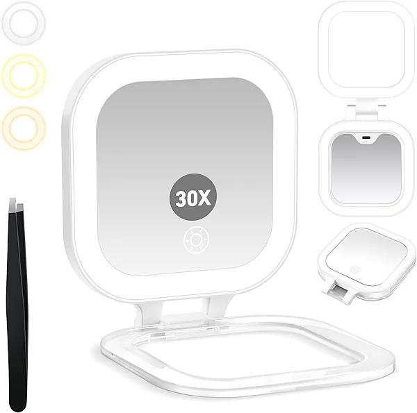 GOMIPURU Travel Mirror with Light, 1x/30x Magnifying Mirror with 3 Color Lights and Adjustable Brightness, 4.5x3.9 inch Small Compact Hangable Hand Pocket 3 Way Mirrors, Comes with Tweezer