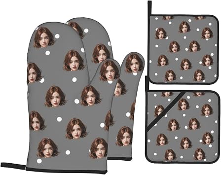 Custom Oven Mitts, Customized Personalized Baking Glove and Pot Holder Gifts with Your Face, 2 Oven Mitts+ 2 Pot Holders,for Cooking Personalized Kitchen Accessories Unique Gift