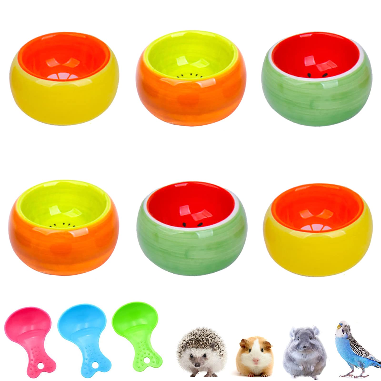 Lucky Interests 6 pcs Hamster Ceramic Bowl, Hamster Food Dish Feeder Prevent Knocking Over, Fruit Pattern Small Animals Bowl for Dwarf Hamster Guinea Pig Chinchilla Gerbil Hedgehog Ferret with 3 Spoon