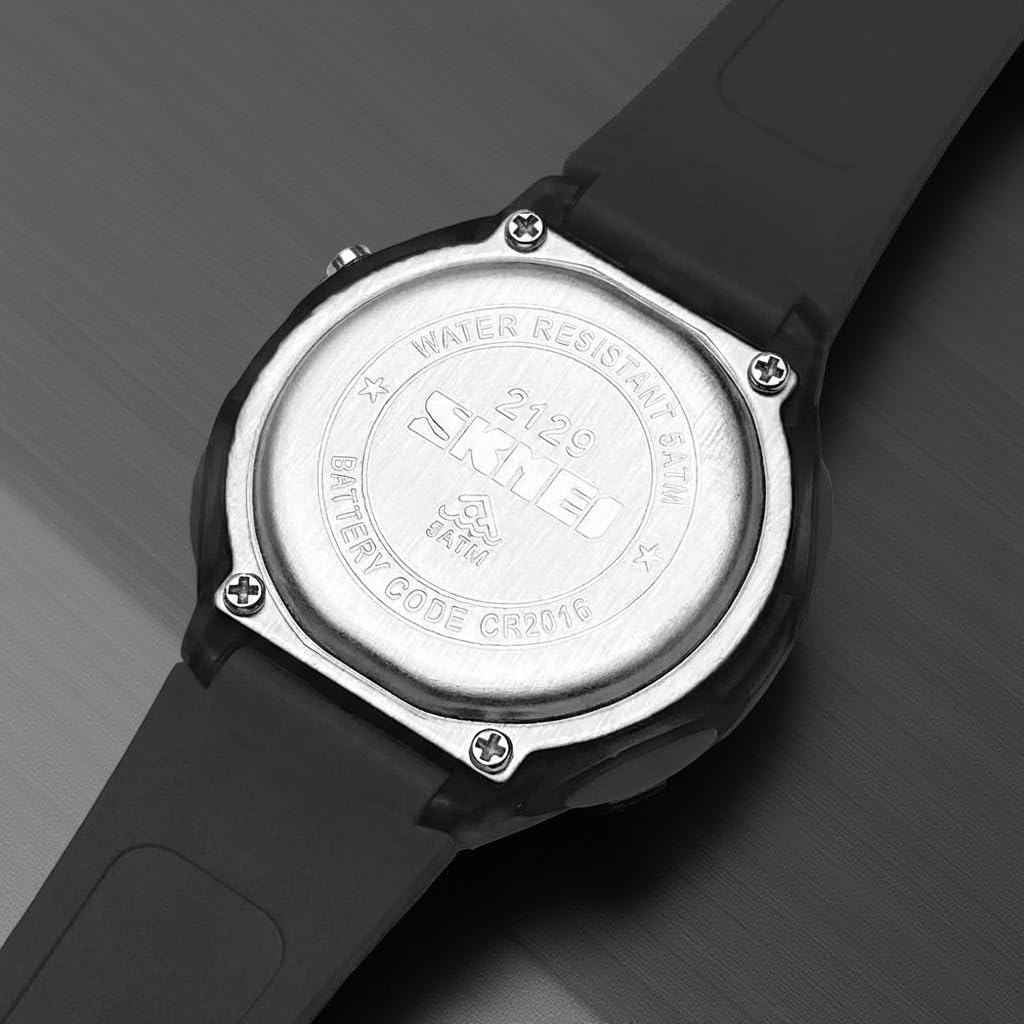 Back of the SKMEI 2129 watch showing 'WATER RESISTANT 5ATM' and battery type 'CR2016'.