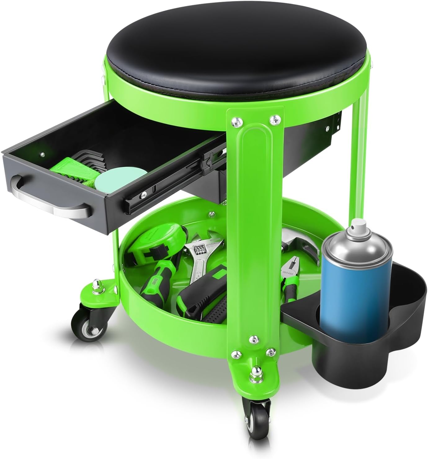 Auto Dynasty Round Mechanics Roller Seat, 300 LBS Capacity Rolling Creeper Garage Shop Seat with Drawers and Tool Tray, Mechanic Stool with Removable Padded Seat for Workshop Auto Repair, Green