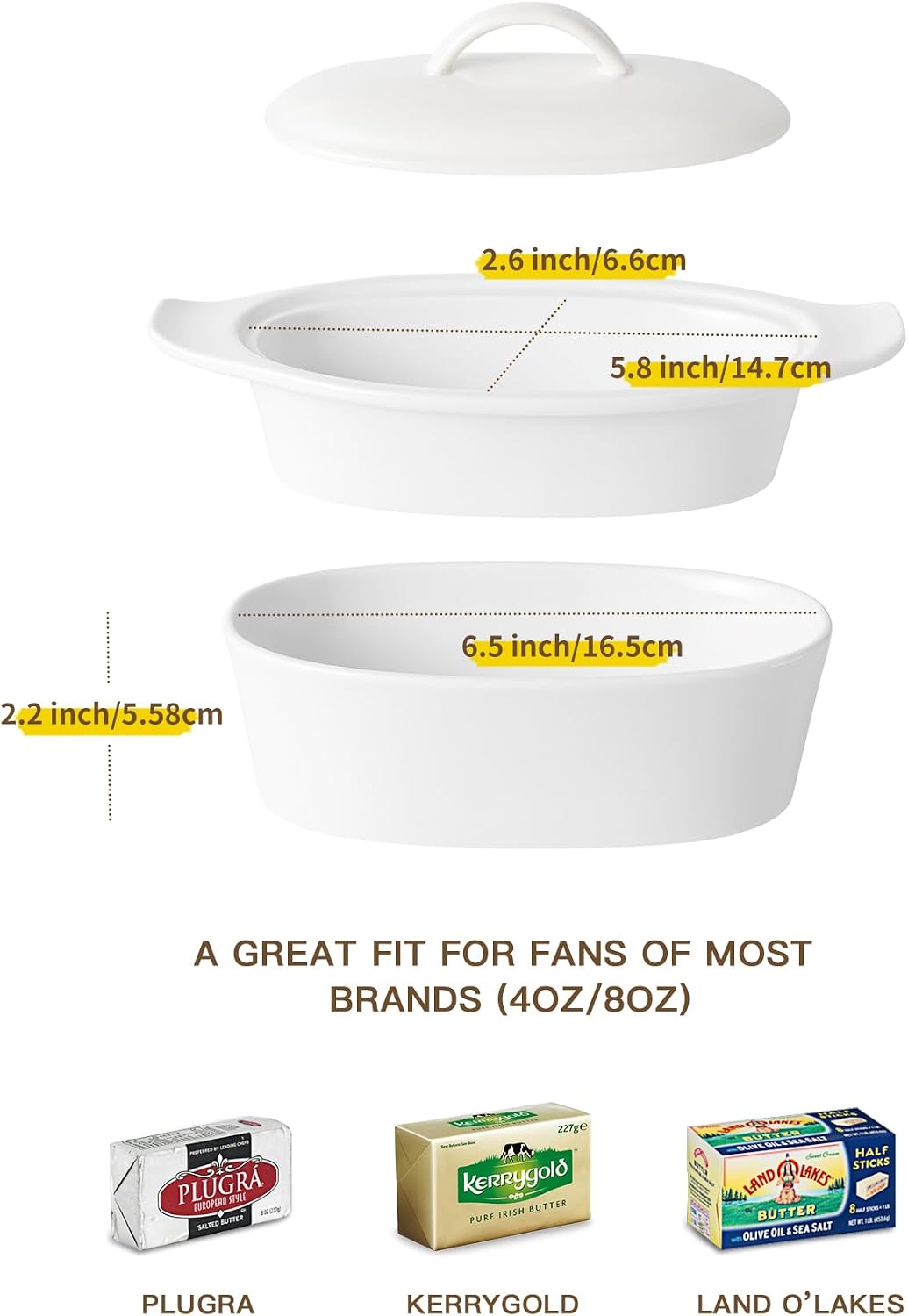 3-Piece Butter Dish with Water Reservoir, Porcelain Butter Boat with Lid, French Butter Keeper Crock, Large Butter Container for Countertop