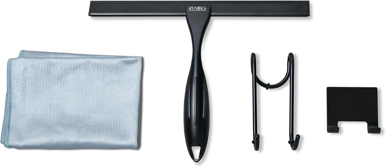 Shower Squeegee – YUNIKO Black Stainless Steel Shower squeegee with Silicone Blade for Shower Doors, Windows, Mirrors, Tiles & Car Windows – Includes 2 Adhesive Hooks, Assembly Tool & Microfiber Cloth