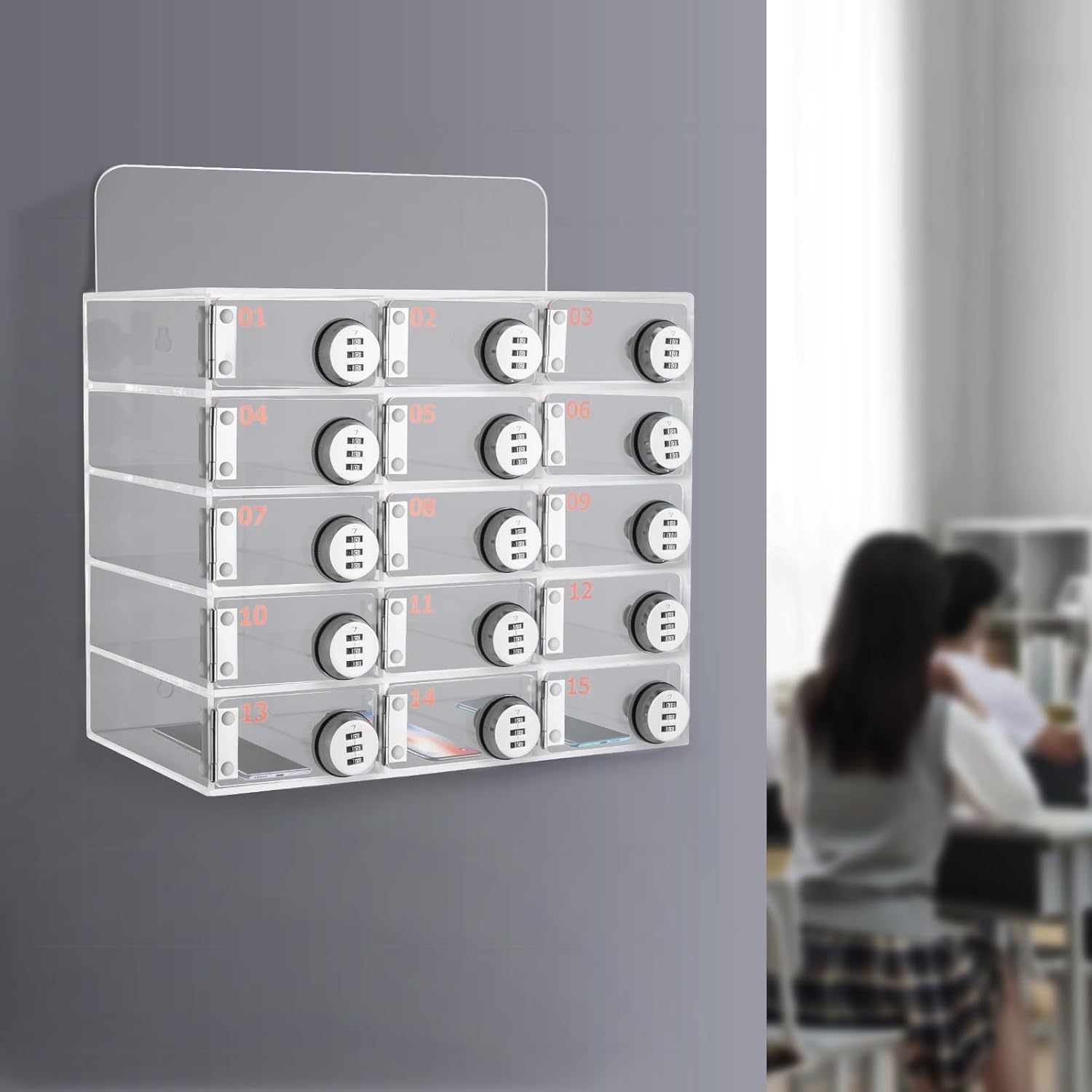 Acrylic Clear Phone Lock Box w/Combination Lock Cell Phone Locker for Classroom Storage Locker Cell Phone Lockers for Schools Office Storage Lockers Gym Lockers (15 Slots)