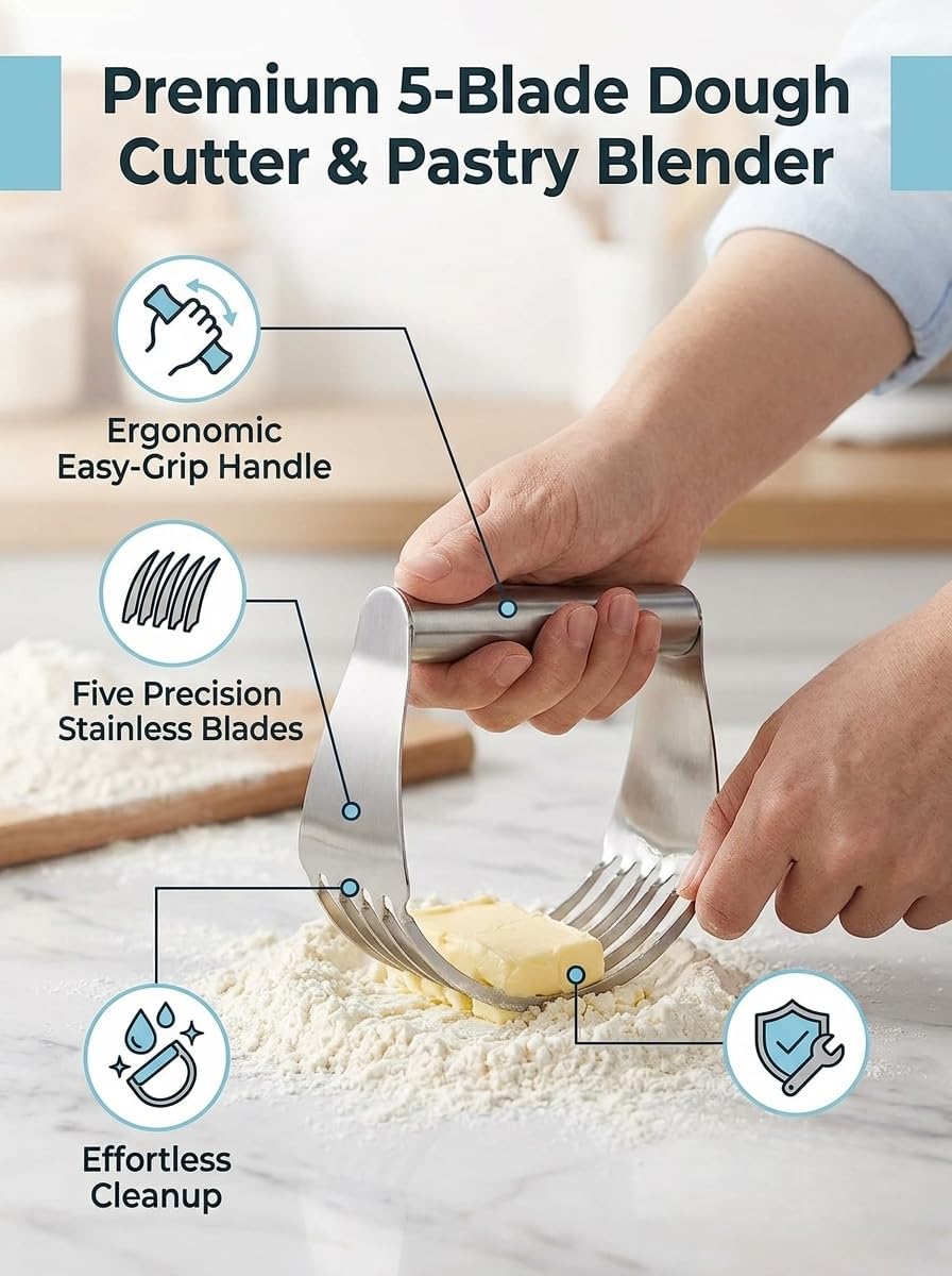Rengue Stainless Steel Dough Cutter with 5 Blades, Food Grade Pastry Blender, 4.45 Inch Height Easy Grip Handle for Baking