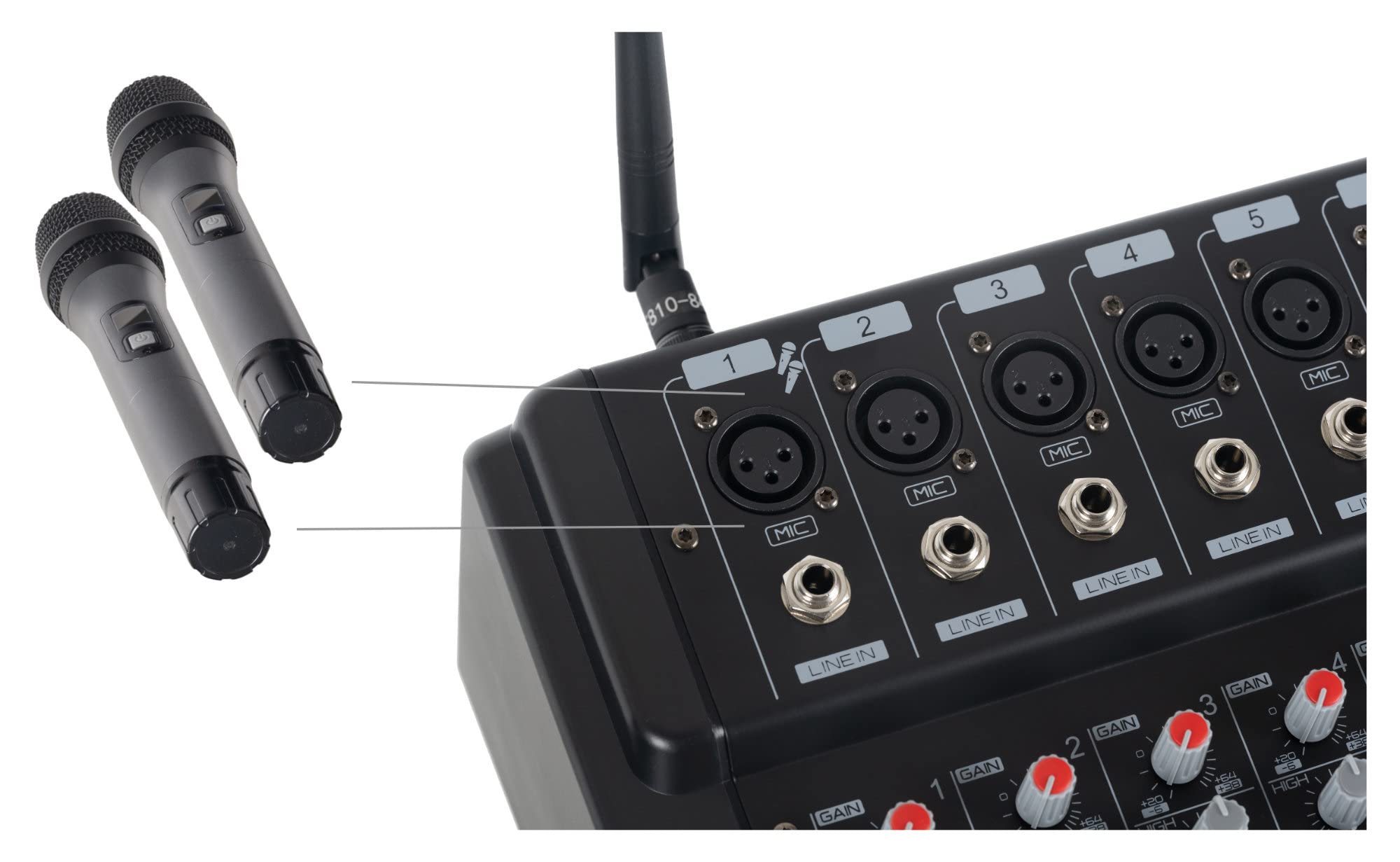 Pronomic Powermake 800 Powermischer - 8-Kanal-Mischpult - 2 UHF-Funkmikrofone - 760 Watt RMS-Leistung - 24Bit Multi-Effekt-Prozessor - Bluetooth®/USB-Player/Recorder - Grafischer Equalizer - Schwarz
