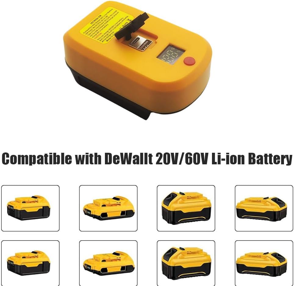 Battery Adapter Compatible with Dewalt 18-20V | Support USB + USB C with With Power Display Working Light
