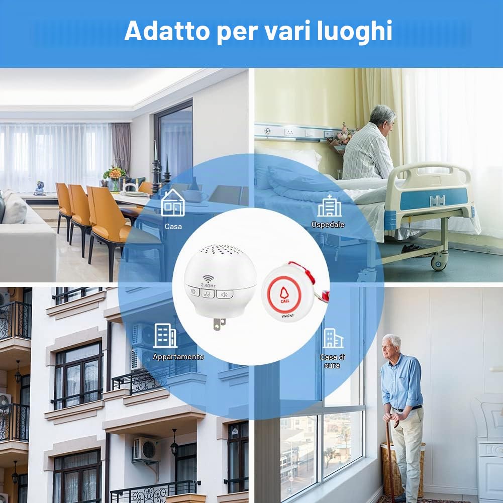 SINGCALL Tuya Wifi System di chiamata d'allarme, Sistema di allarme | antipanico a lungo raggio per anziani/pazienti/disabili, 1 ricevitore+2 Pulsanti di chiamata