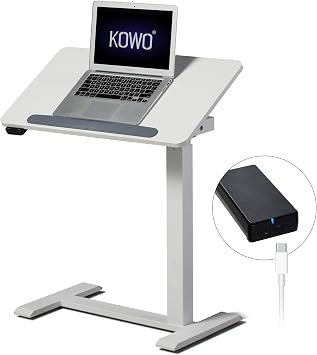 kowo Small Standing Desk, Battery-Powered Electric Height Adjustable Laptop Table with 70cm White Tilting Tabletop, Portable Over Bed Table with Wheels for Sofa & Bed Use with Left/Right Installation