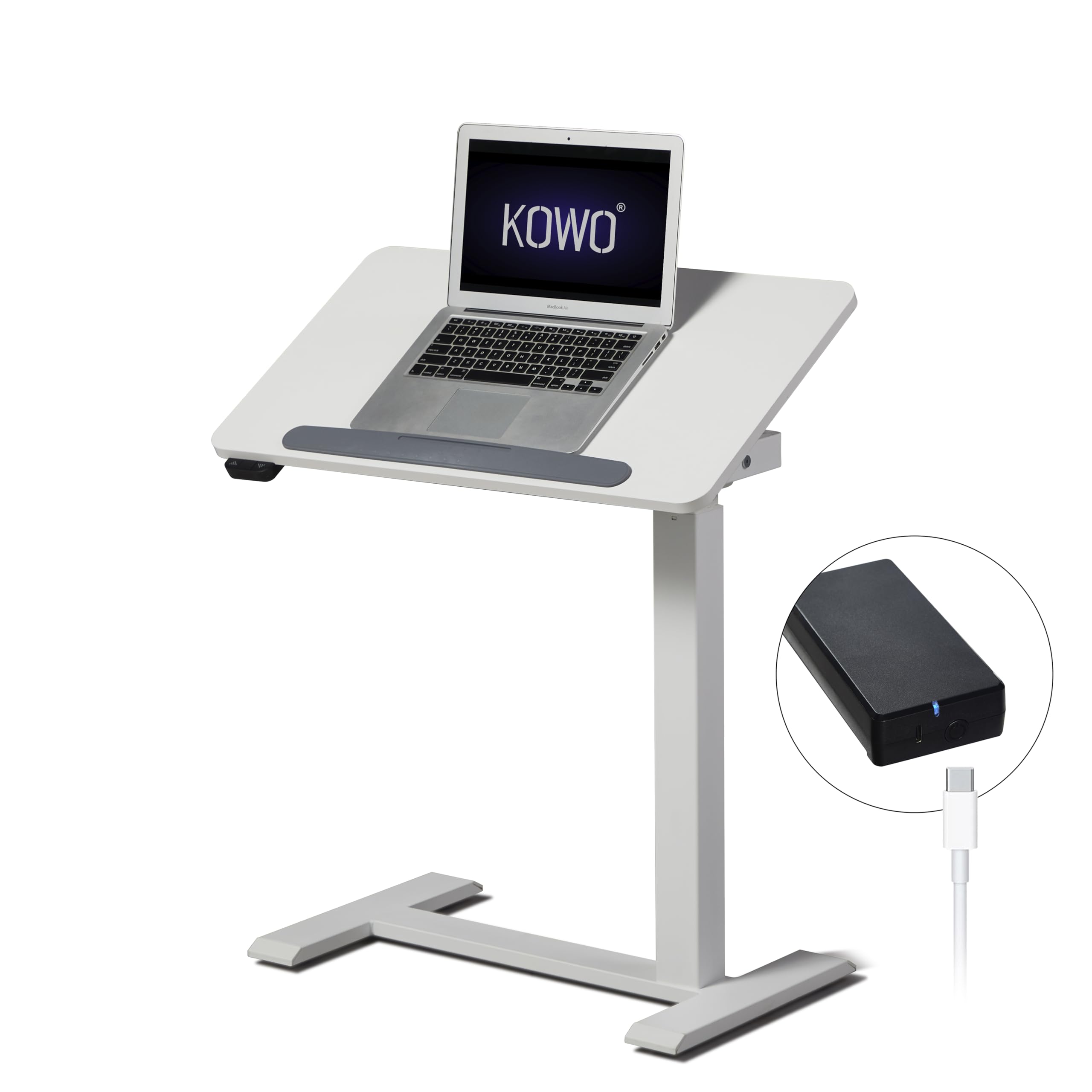 kowo Small Standing Desk, Battery-Powered Electric Height Adjustable Laptop Table with 70cm White Tilting Tabletop, Portable Over Bed Table with Wheels for Sofa & Bed Use with Left/Right Installation