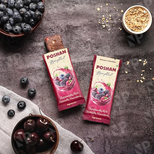 Image of POSHAN Women's Nutrition Protein Bar, 40 g | 8g Protein with 4G Fiber |No Added Sugar, 100% Vegetarian & Gluten-Free| Made with Dates, Ragi and Superfoods| Gut Friendly, No Trans Fat (Pack of 1, Berryblast)