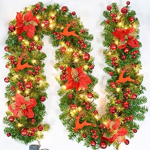 Roqueen 12 PCS 22CM/8.7 Inches Artificial Christmas Flowers Poinsettia Glitter with Clips Xmas Tree Ornaments for Wreath Wedding Party Decoration (Red)