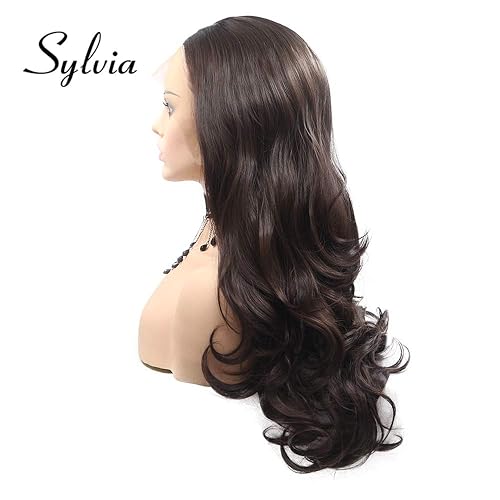 Miniatura 4 de Sylvia Peluca de encaje frontal 1B# de color negro natural suave de 24 pulgadas de largo, pelucas sintéticas de onda natural, raya media, media