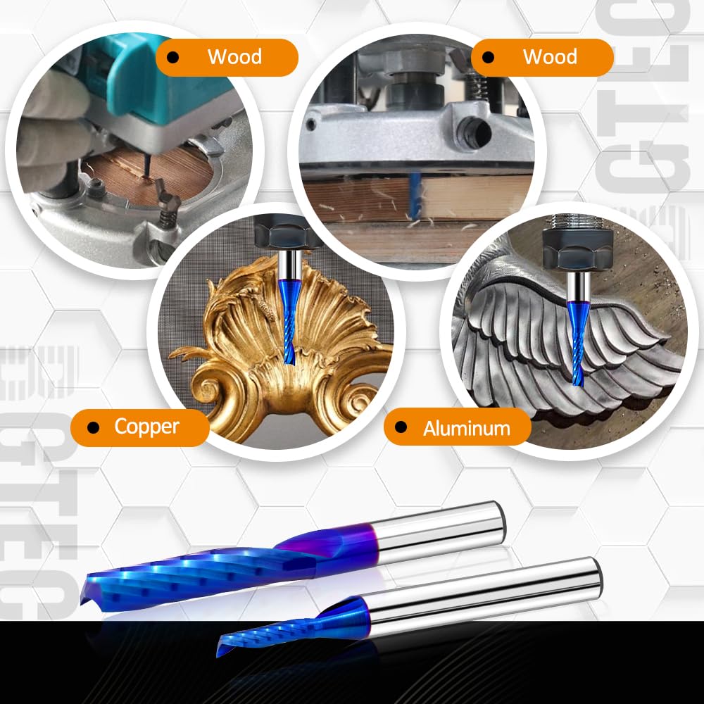 BGTEC O Flute UpCut Spiral Router Bit - 1/4" Cutting Diameter Carbide End Mill Single Flute Spiral CNC Router Bit for Wood, Aluminum, Plastic, Acrylic, MDF and PVC, 2PCS