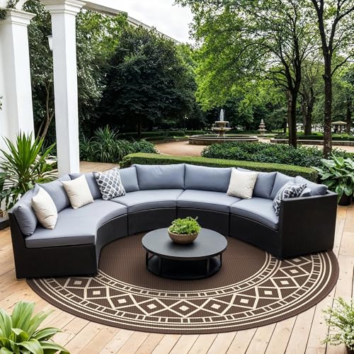 GENIMO Outdoor Rug Waterproof for Patio Decor, Round 10' Foldable Reversible Plastic Straw Carpet, Outside Area Mat for Rv, Deck, Picnic, Porch, Camper, Balcony, Beach, Coffee & Brown by GENIMO - Used condition - Image 2