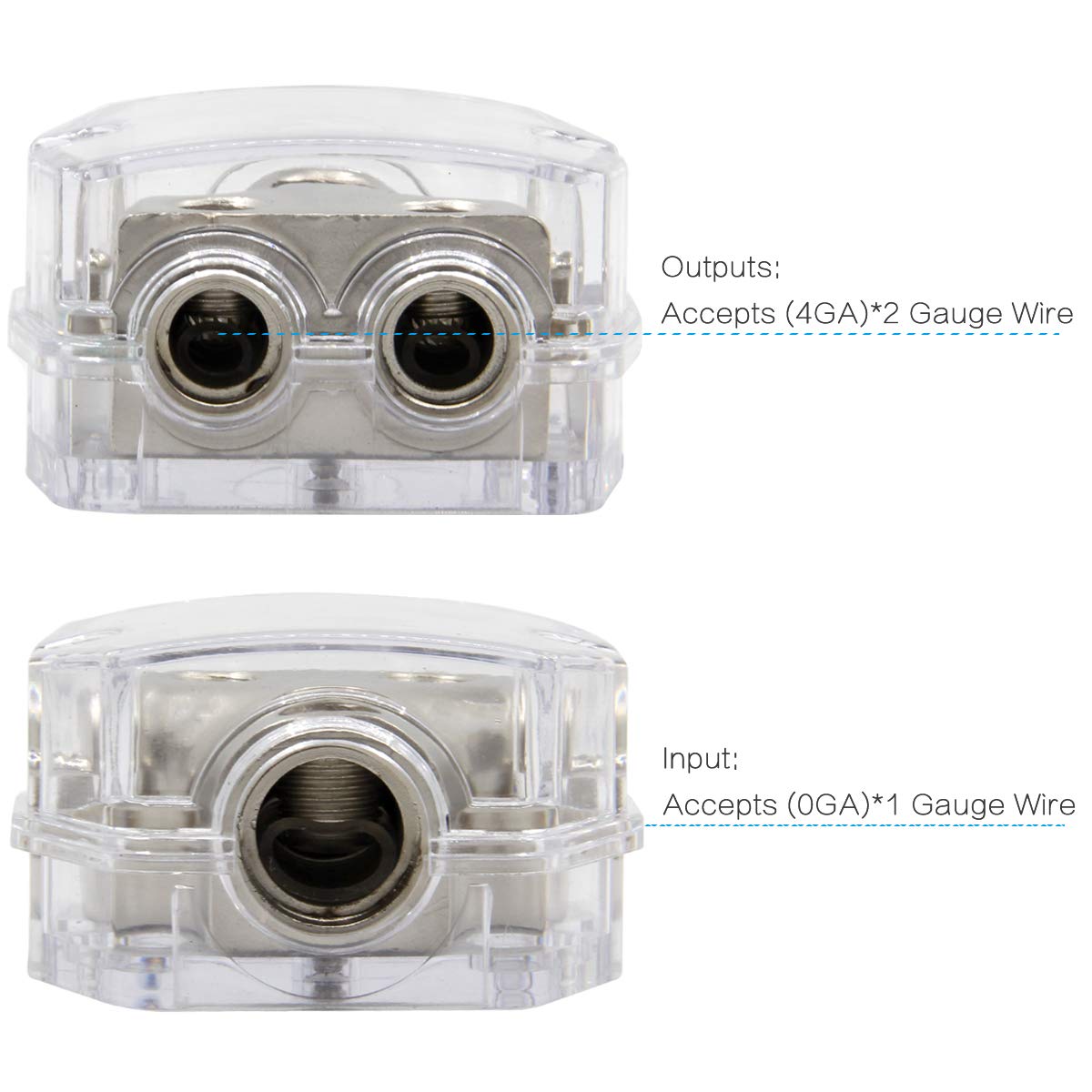 2 Way Power Distribution Block, 0/2/4 AWG Gauge in, 4/8/10 Gauge Out, Car Audio Stereo Amp Distribution Connecting Block for Audio Splitter (1x0GA+2x4GA)