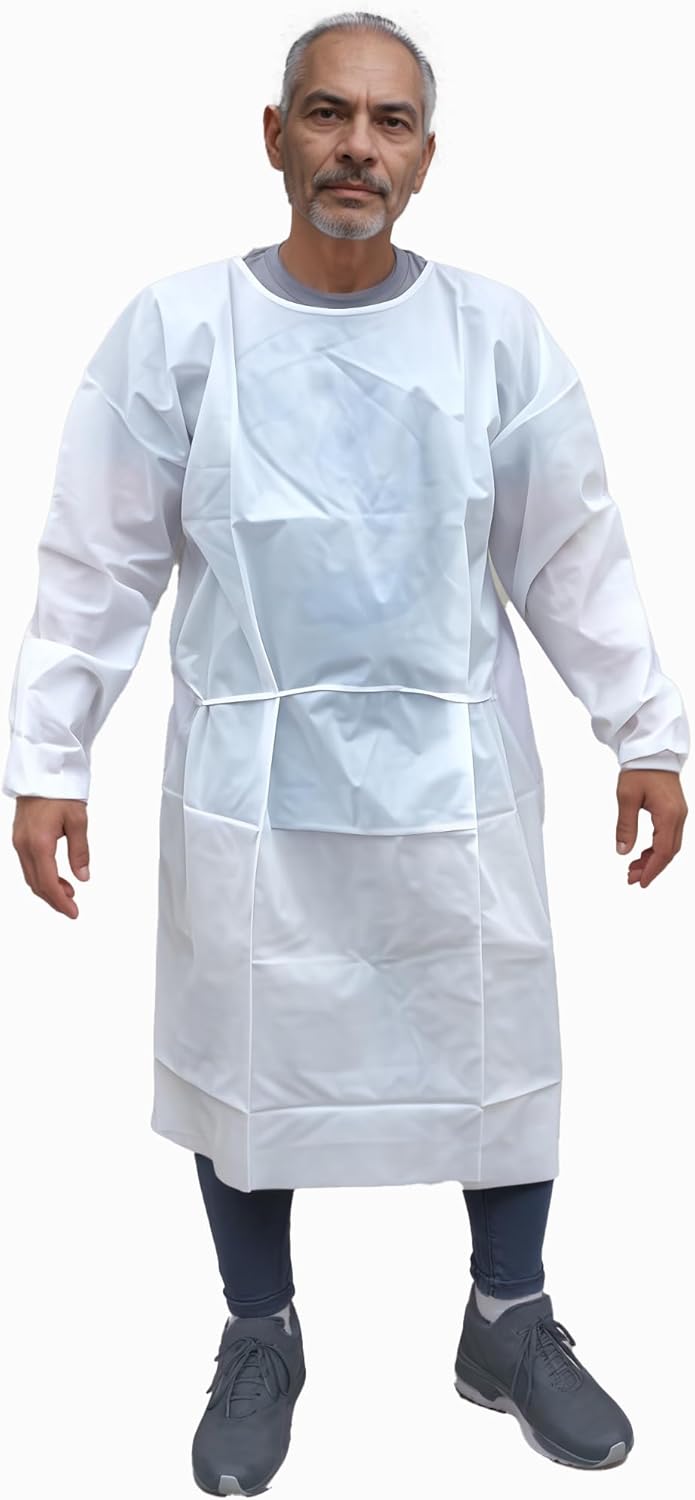 SunSoft Heavy-Duty Barrier Gown, PE-Coated, White, Open Back, Elastic Wrists, Neck and Waist Ties, 10-Pack T1400-80