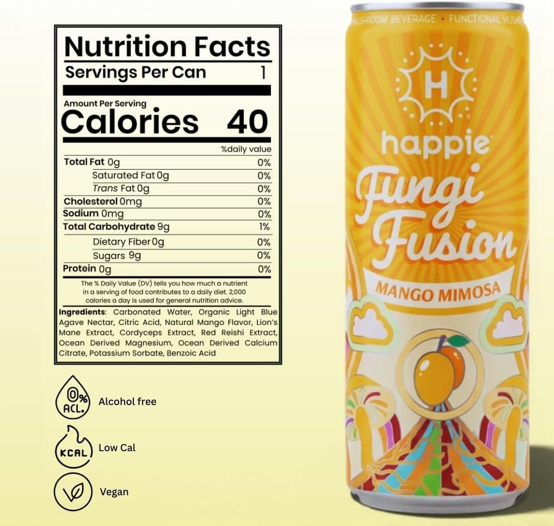 Happie Mushroom Seltzer Variety Pack, 900mg Lion's Mane, Cordyceps & Reishi | Crafted with 900mg Lion's Mane, 700mg Cordyceps & 400mg Reishi per can. Caffeine-free, alcohol-free, agave-sweetened, vegan.