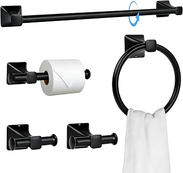 5-Piece Matte Black Bathroom Hardware Set, SUS304 Stainless Steel Wall Mounted Towel Rack Set, 24 Inch Towel Bar, Towel Ring, Toilet Paper Holder, 2 Towel Hooks, Multipurpose Bathroom Accessories