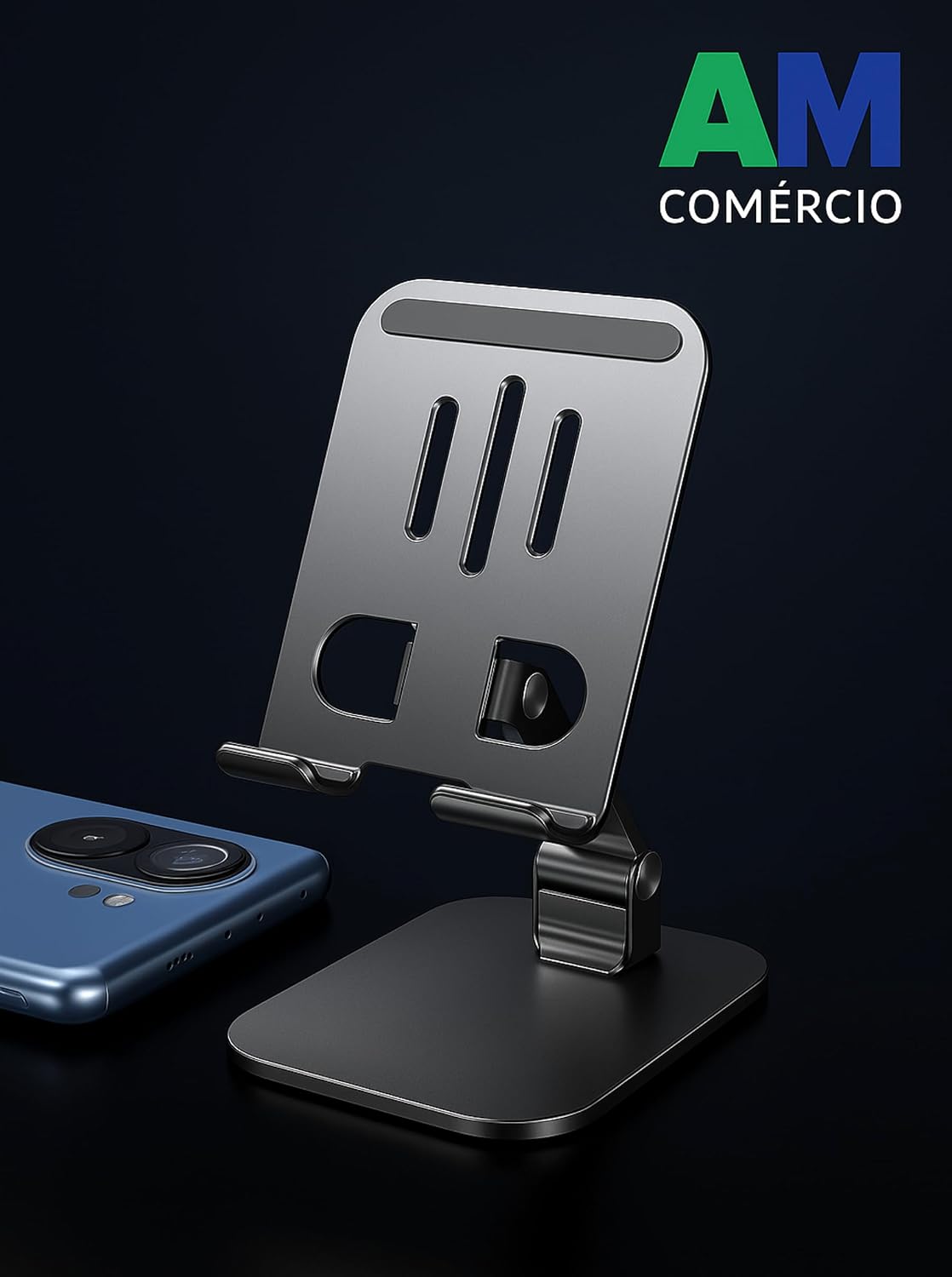 Suporte de Mesa para Celular e Tablet – Premium em Alumínio 360°, Dobrável, Ergonômico e Compatível iPhone e iPad