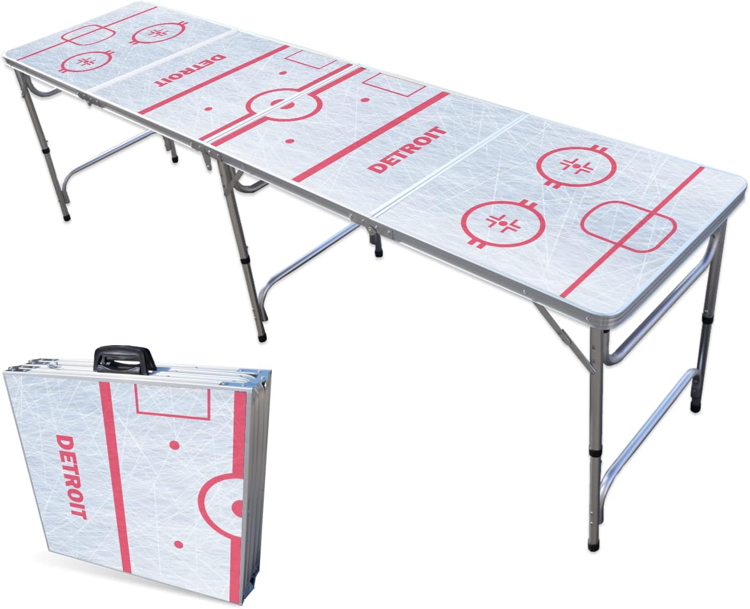 PARTYPONG 8-Foot Folding Portable Pong Table w/Optional Cup Holes & LED Lights - Detroit Hockey Rink (Choose Your Model)