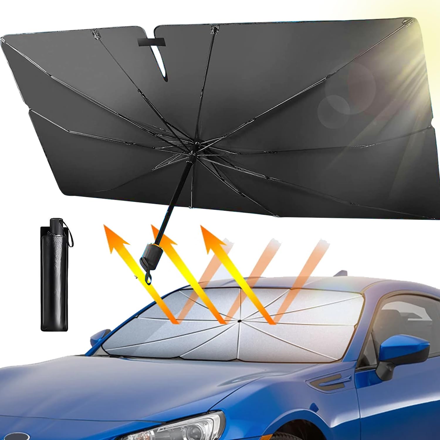 Parasol Coche Paraguas, Parasol Coche Delantero de 360°, Protección UV y Calor Paraguas Parasol Coche, Parasol Coche Delantero Plegable, Parasol Paraguas Coche para la Mayoría De Los Modelos