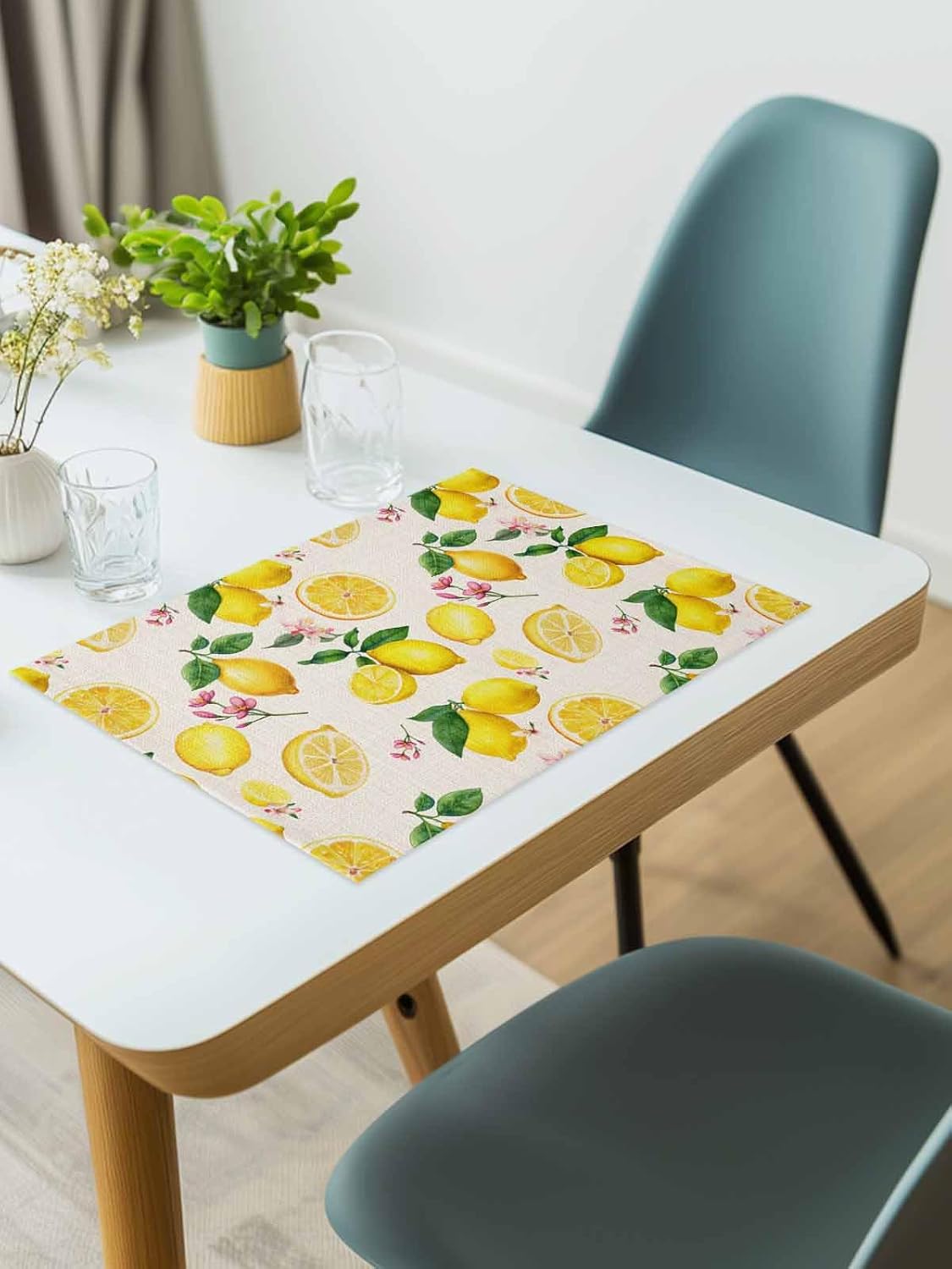 Lemons Placemats for Dining Table, Cotton Linen Table Mats 19x13inch Set of 4 Wipeable Washable Indoor Outdoor Use Place Mats, Summer Fruits Green Leaves Pink Flowers