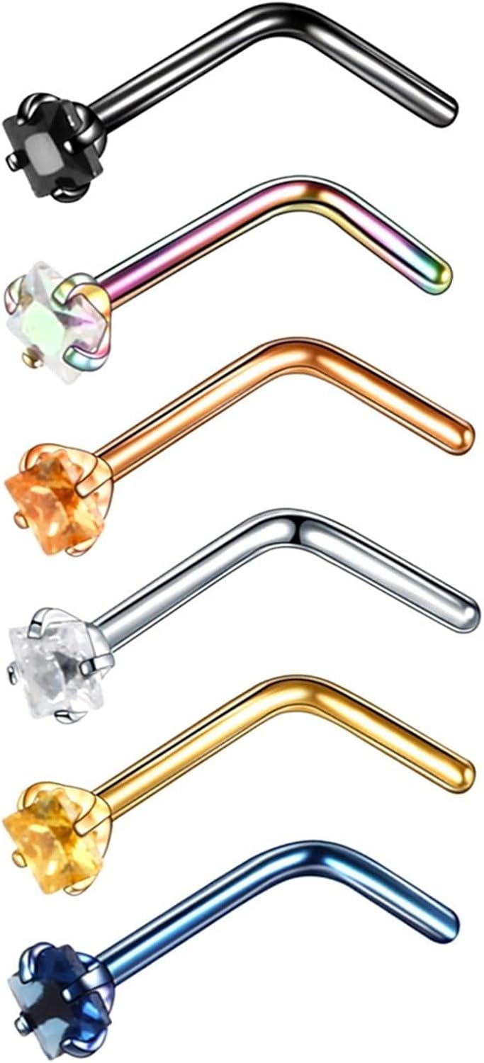 Daesar Nose Ring Women Men 20G, Stainless Steel Nose Ring L Shape Rod Cubic Zirconia Colorful Nose Screw Studs Multicolor, 6Pcs