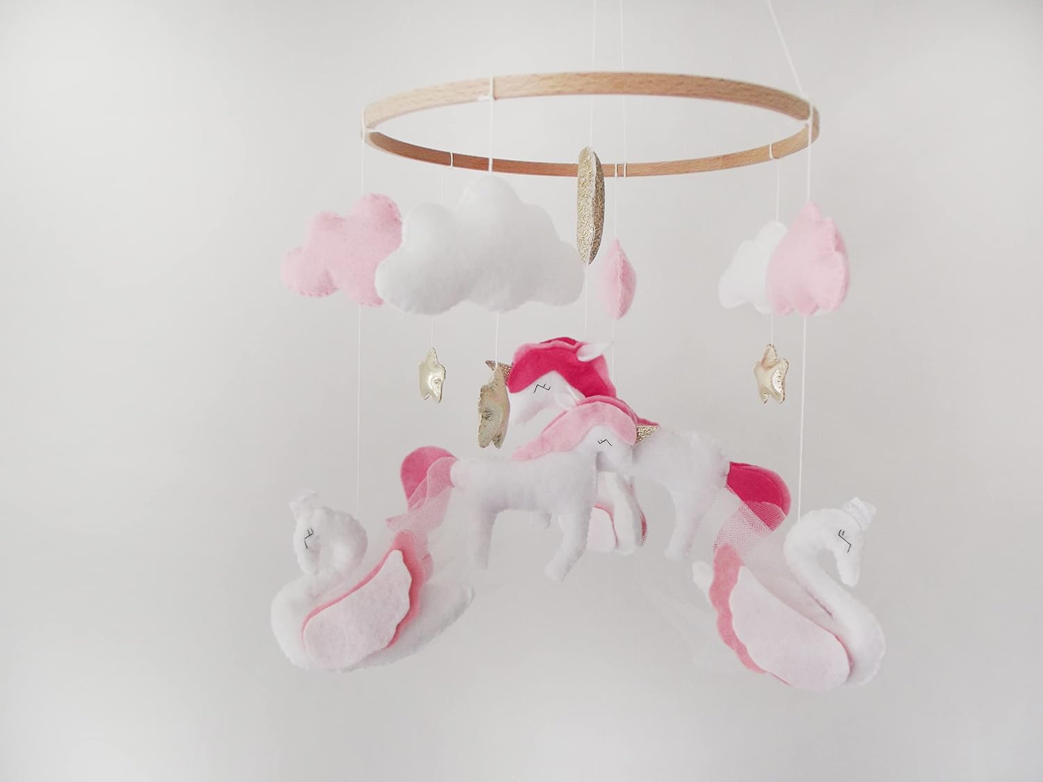 Swan Unicorn Baby Crib Mobile for Girl Nursery,Pink Girl Bedroom Decoration, Present for Newborn, Baby Shower Gift İdeas, Handmade Plush Toys