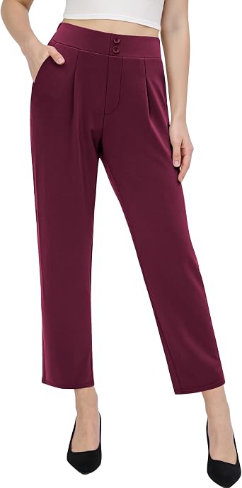 Dress Pants Women Stretchy High Waist | Tapered Casual Business Slacks Pull on Comfy with Pockets Office
