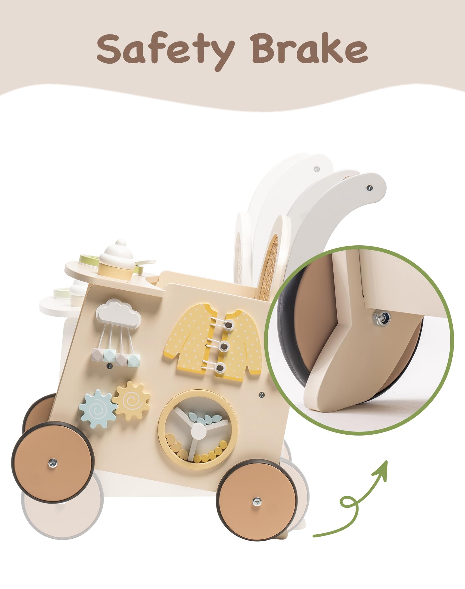 ROBUD Drewniany pomocnik do nauki chodzenia Baby Walker 2 w 1, wózek do nauki chodzenia z Montessori Busy Activity Board, hamulec bezpieczeństwa, zabawka na spacery, prezent