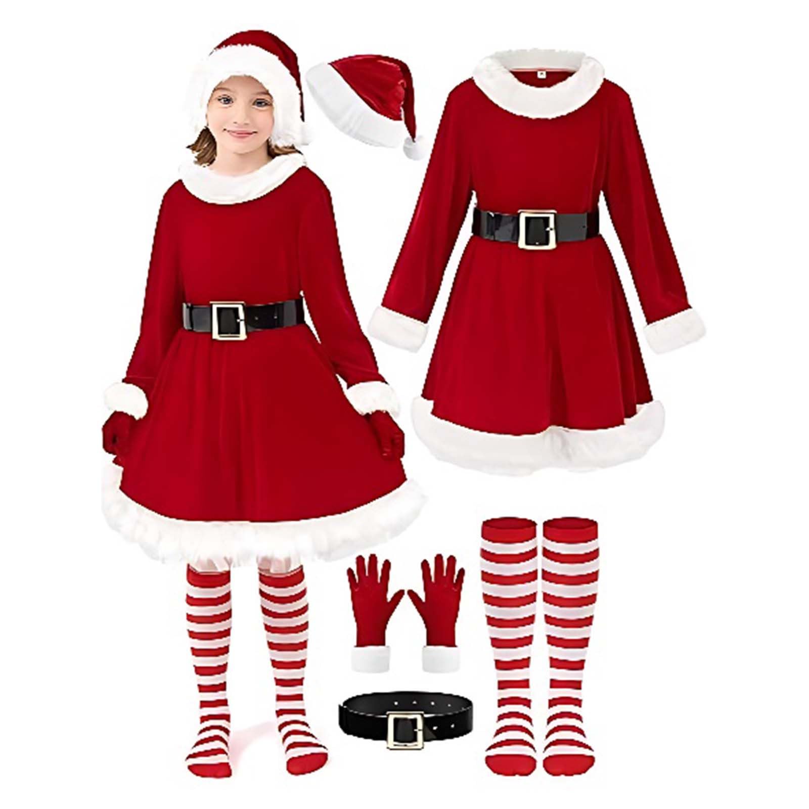 Vestito da bambina, costume da Babbo Natale, abito da festa con cappuccio