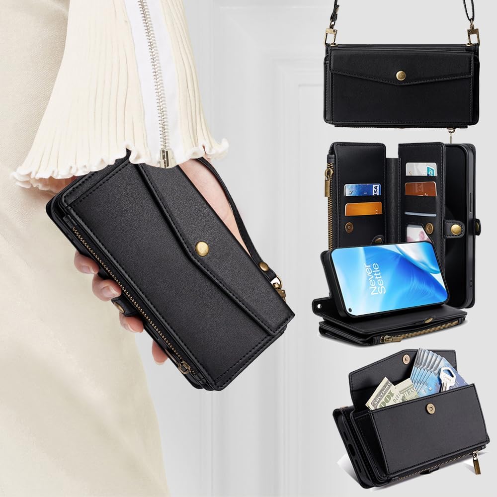 Asuwish Phone Case for OnePlus Nord N200 5G Zipper Wallet Cover with Screen Protector and Leather Card Holder Slot Stand Wrist Strap One Plus N 200 G5 1 Plus 200N 1plus One+ 1+ N2005G Women Men Black