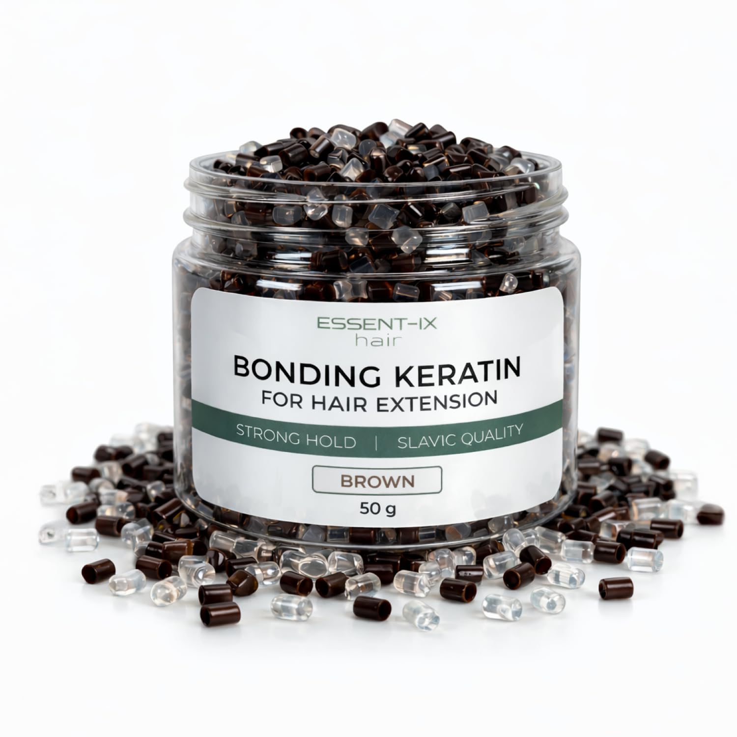 PURE KERATIN BEADS FOR HAIR EXTENSIONS, HIGH-MELTING ITALIAN FORMULA, SLAVIC PREMIUM QUALITY, NO FILLERS, ECONOMICAL USE, ALSO IDEAL FOR RE-TIPPING & BOND REPAIR (BROWN+CLEAR, 50G)