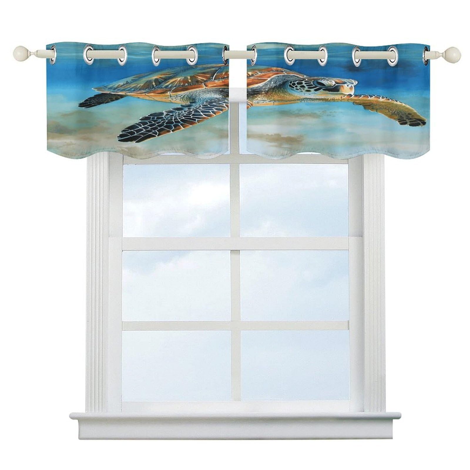 Cortinas opacas cortas de cocina, cenefa de tortuga marina para dormitorio de 52"