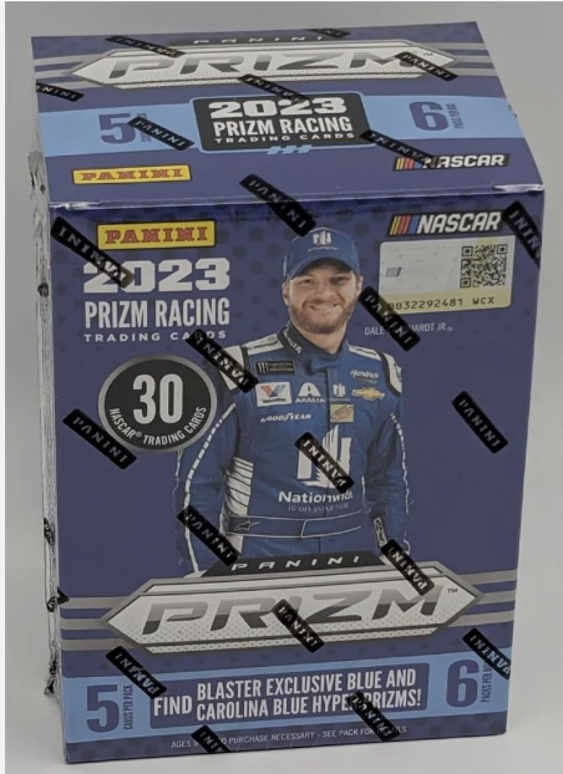 2023 Panini Prizm Racing NASCAR Factory Sealed Blaster Box. 6 Packs of 5 Cards. Find Blaster Exclusive Blue and Carolina Blue Hyper Prizms. Look for Autographs from some of the Sport's Top Drivers. Look for Ultra-Rare Inserts including Color Blast and Color Wheel.