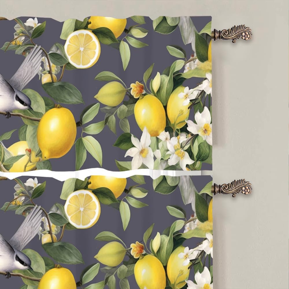 2 Panels Rustic Lemon Bird Window Valances, Yellow Fruit Food Window Treatment Decor Curtains Rod Pocket Valances for Kitchen/Living Room, 54" X 18"
