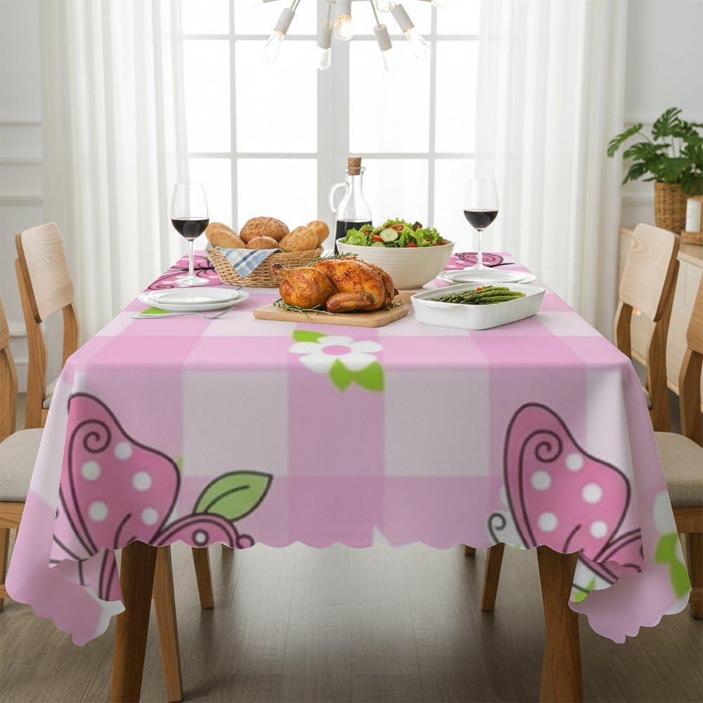 Pink Polka Dot Butterfly Tablecloths Rectangular 60x120 in, Fitted Fairy Outdoor Dining Table Cover, Wildflower Party Decorations Tropical Tablecloth for Fiesta Farm Party Beach Table Cover