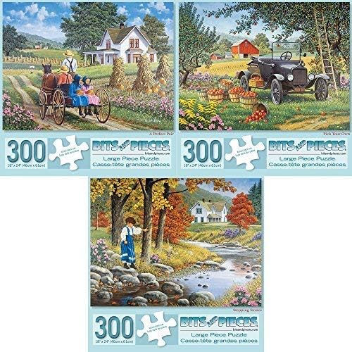 Bits and Pieces – Value Set of Three Large 300 Piece Jigsaw Puzzles for Adults – Autumn and Farm Jigsaw Puzzles by John Sloane, Completed Puzzle Size: 18" x 24"