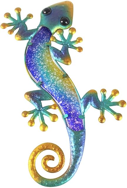 Liffy Metal Gecko Outdoor Wall Decor Lizard Garden Art Blue Hanging Glass Decorations for Patio or Fence, 15.2 Inches Long