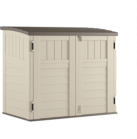 Suncast 34 Cu Ft Horizontal Resin Plastic Storage Shed - Outdoor Storage Shed with Floor Included, Lockable, Weatherproof, Fits Small to Medium Trash Cans, Generators, & Garden Tools, Vanilla Stoney