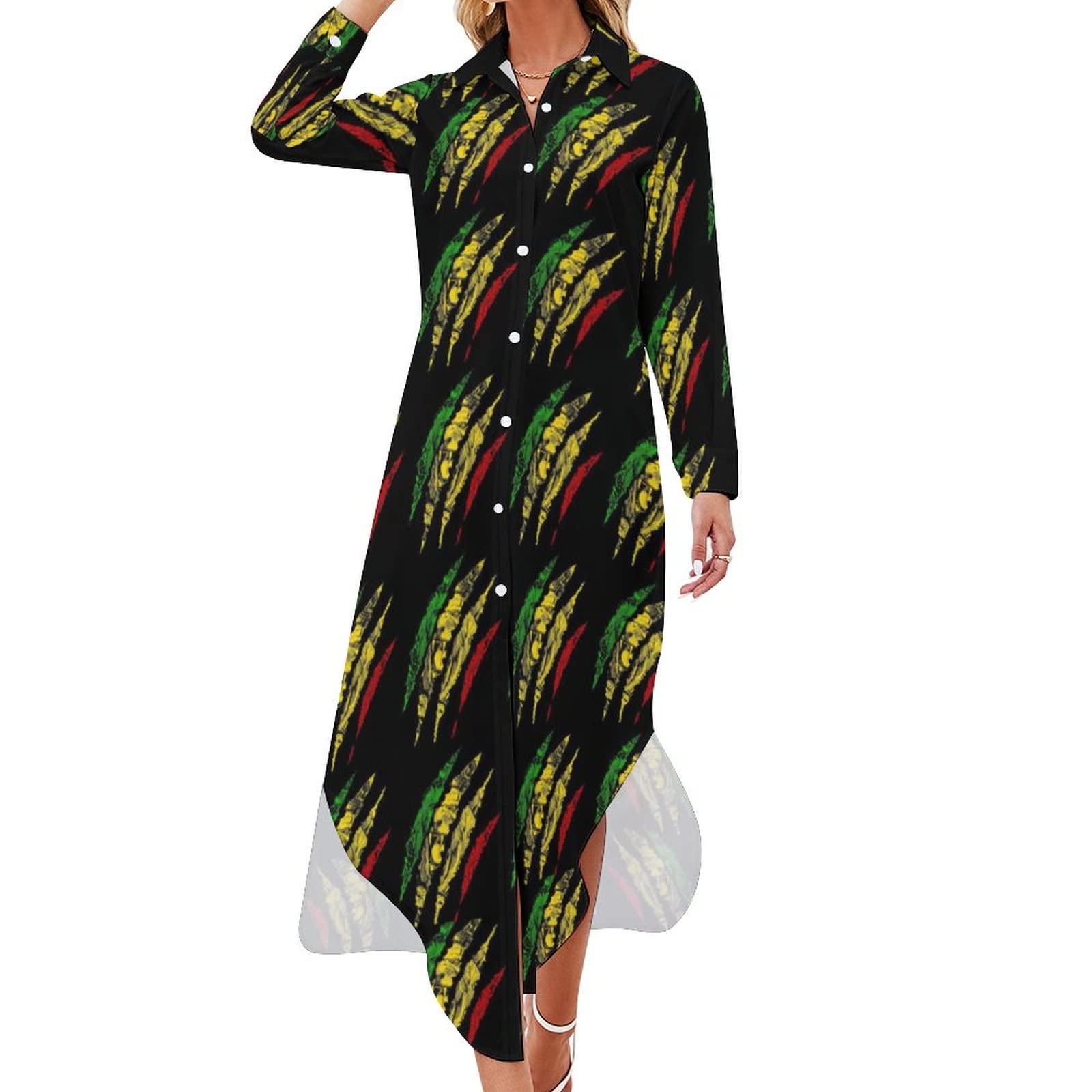 Lion Rasta Reggae Jamaica Roots Shirt Dress Long Sleeve Button Down Dress Casual Loose Maxi Dresses for Women XL