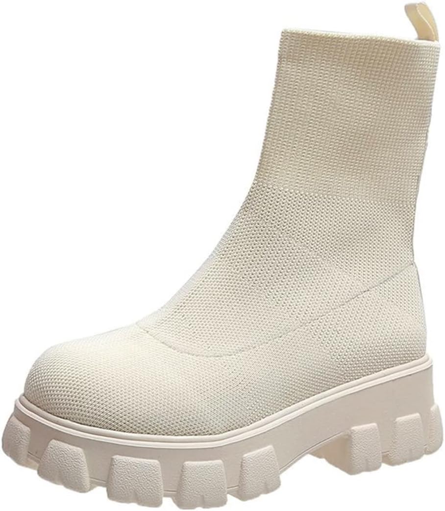 AINIJIA&HOLO Women's Round Toe Knited Stretch Socks Ankle Boots, Thick Sole Casual Warm Boots Chelsea Ankle Boots