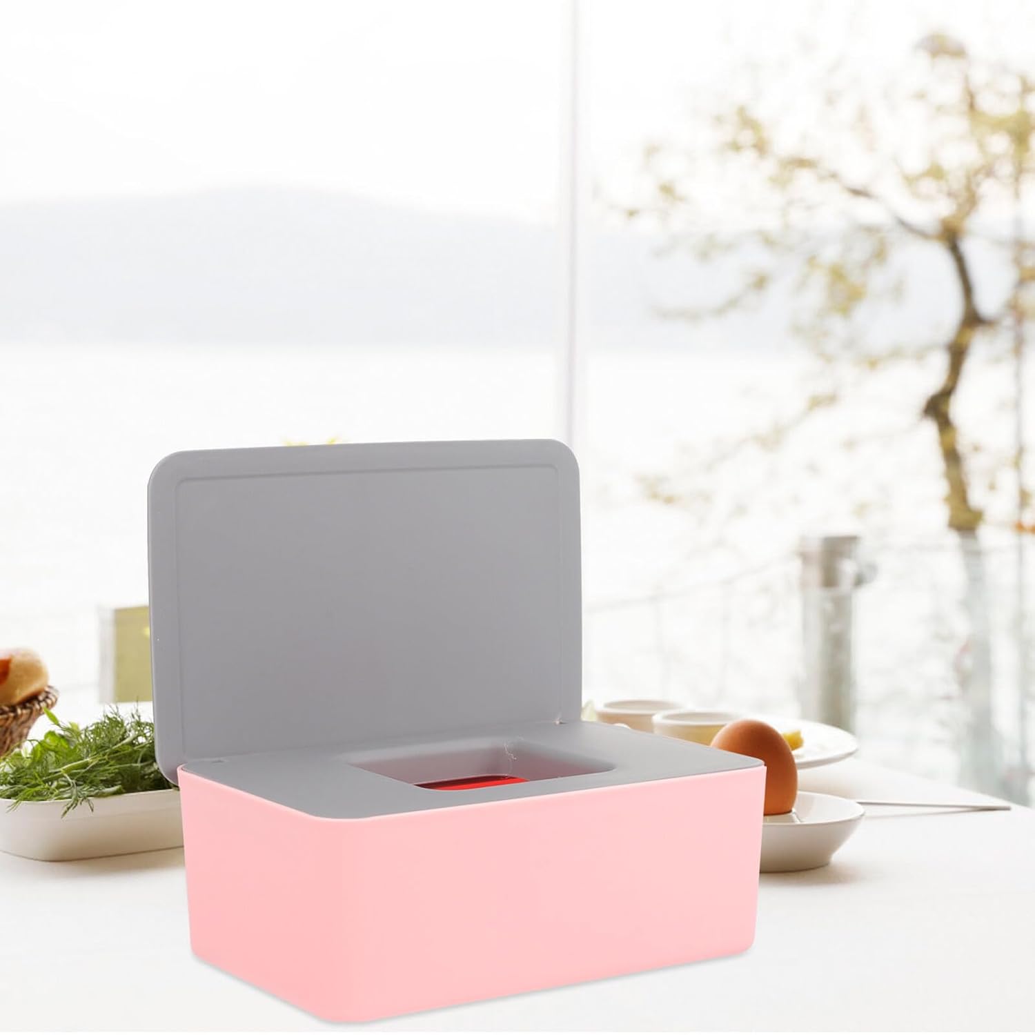 VANZACK Portable Wipes Dispenser and Wet Tissue Storage Box with Lid, Small Wipe Holder for Travel and Home Use, Dustproof Sealed Case with Gray Cover and Pink Base